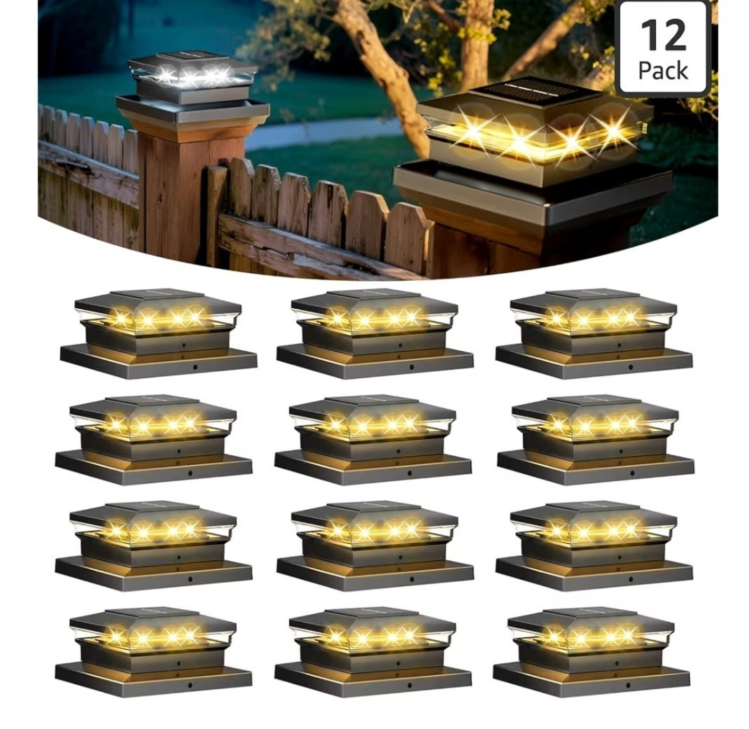 12 Pack Solar LED Deck/Fence Post Cap Lights Warm White Black Waterproof gallery