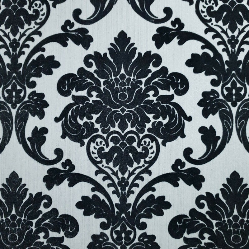Wallpaper flocking black white silver metallic Flocked vintage velvet damask 3D gallery
