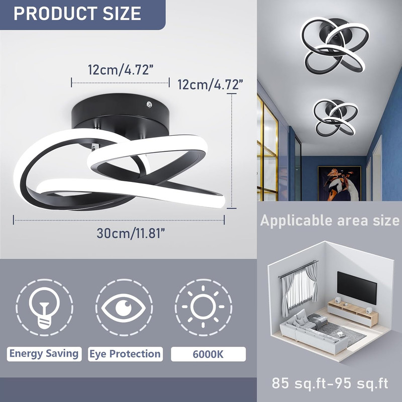 Modern Led Ceiling Light Fixture, 6000K Small Hallway Ceiling Light, Black Close gallery