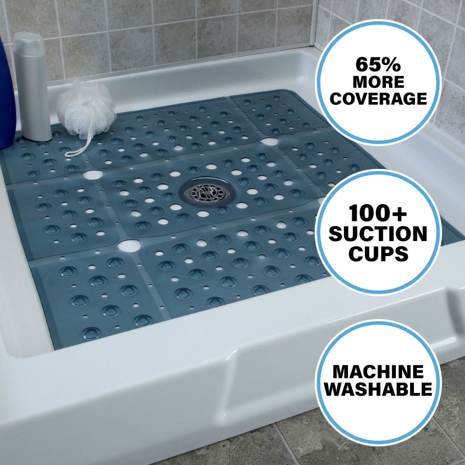 65% MORE COVERAGE! SlipX Solutions Dusty Blue Extra Large Shower Mat (27") gallery