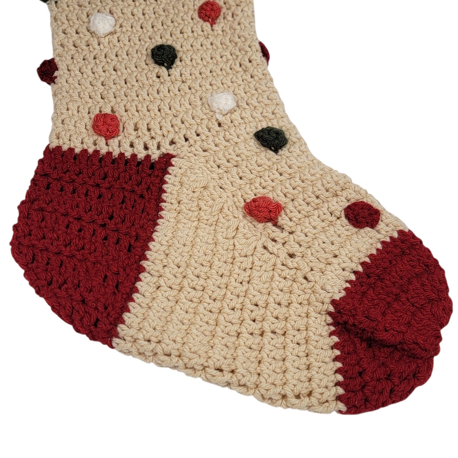 Crochet Christmas Stocking 20" Beige Red Green White Hand Knit Holiday Retro gallery