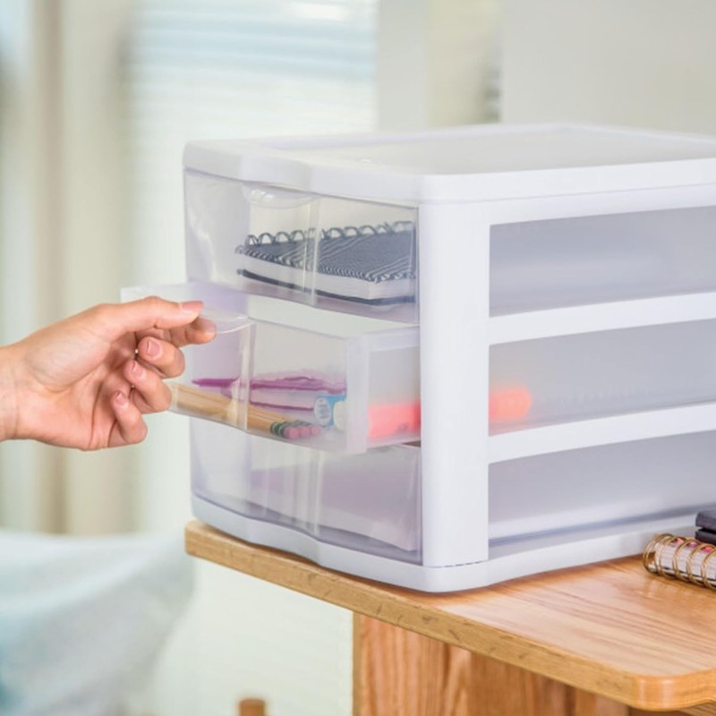 4-Pack 3 Drawer Unit, Stackable Plastic Organizer with Drawers,White Frame-Multi gallery