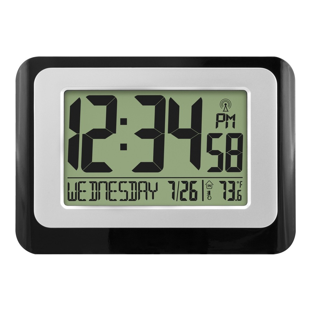 Black Atomic Digital Calendar Desk Alarm Clock with Temperature, W88631