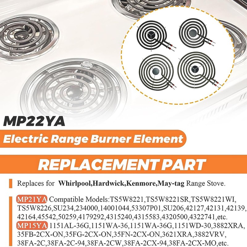 MP22YA Burner Element & 4pcs Drip Pans W10196405/406 fits for Whirlpool Range gallery