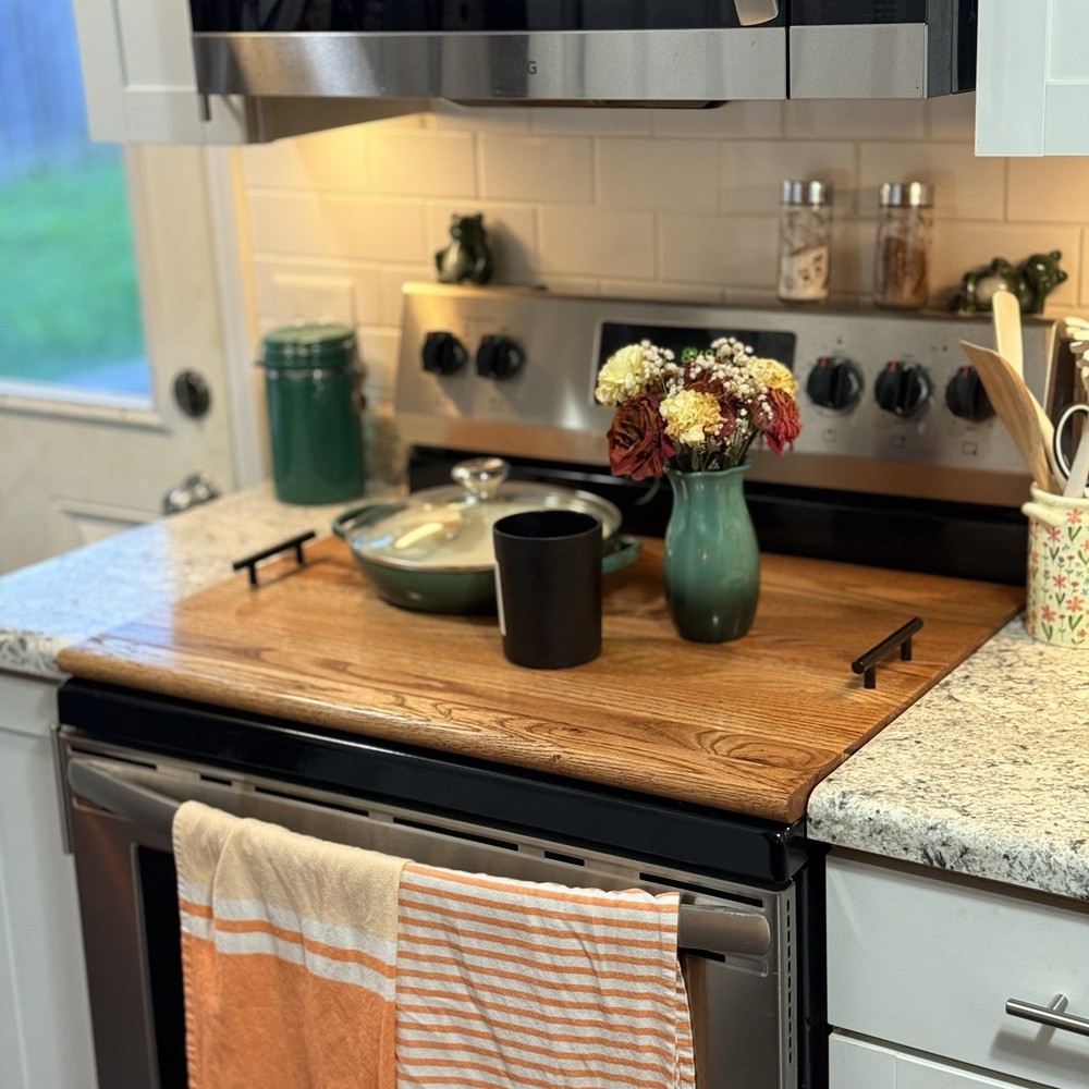 Solid Red Oak Stove Top Cover – Custom Fit Stove Top Board with Black Handles