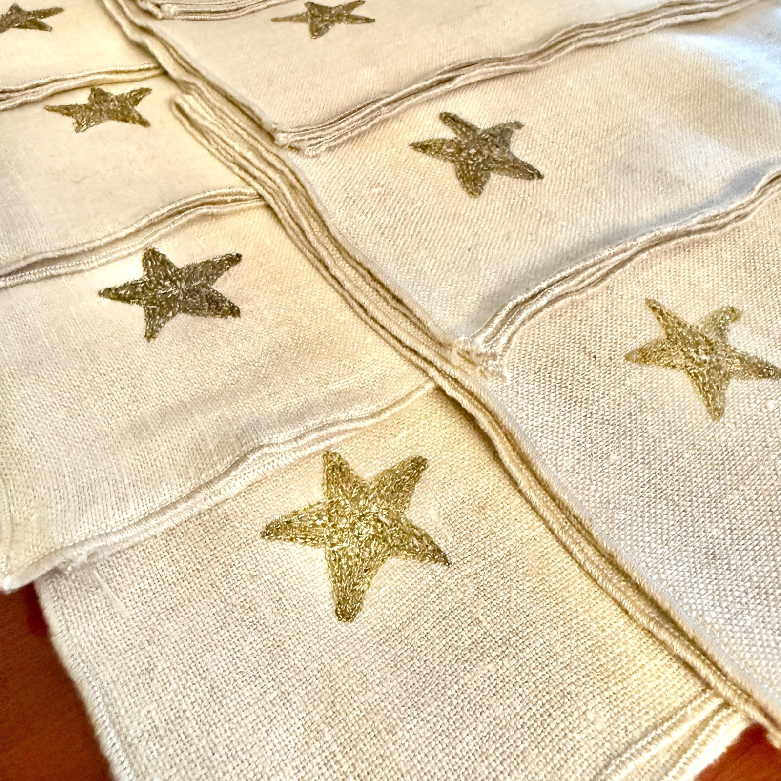 Vintage Gold Star Hand Embroidered Flax/Linen Dinner Napkins, Set Of 8, 16”x16” gallery
