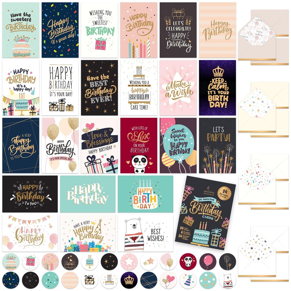 24 Pack Foiled and Glittery Assorted 6x4in Assorted Birthday Cards