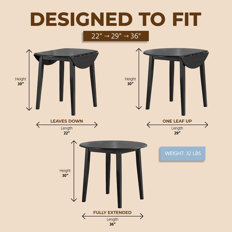 ROME + OAK Hinged Drop Leaf Dining Table, 22 to 36 Inch Round Tabletop, Black gallery