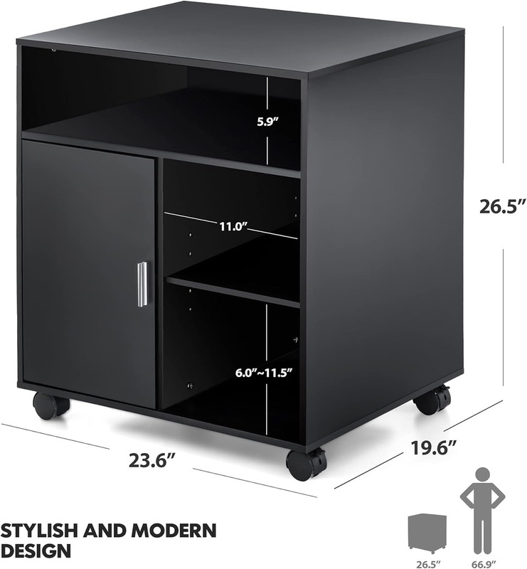Printer Stand with Storage Adjustable Shelves, Wood Mobile Cart with Door, Rolli gallery