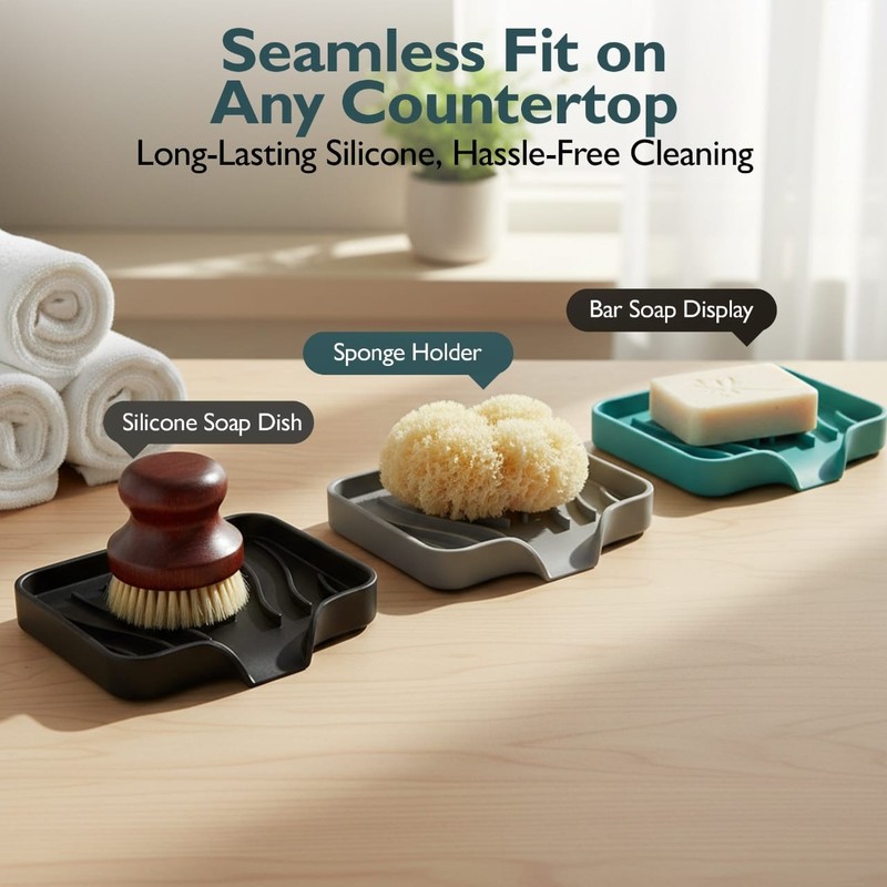 3 Pack Silicone Soap Dish with Drain Self Draining Holder Bathroom Kitchen Sink gallery
