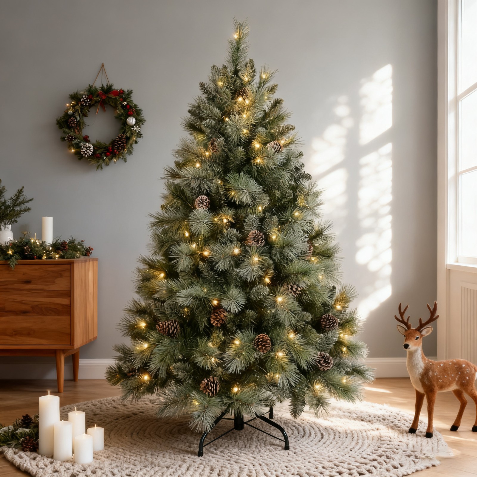 4 FT Prelit Artificial Snow Tips Christmas Tree With 150 Lights 32 Pinecones gallery