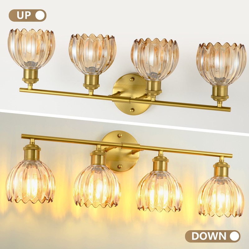 Vintage 4-Light Copper Vanity Light with Amber Glass Shades,Adjustable E26 gallery