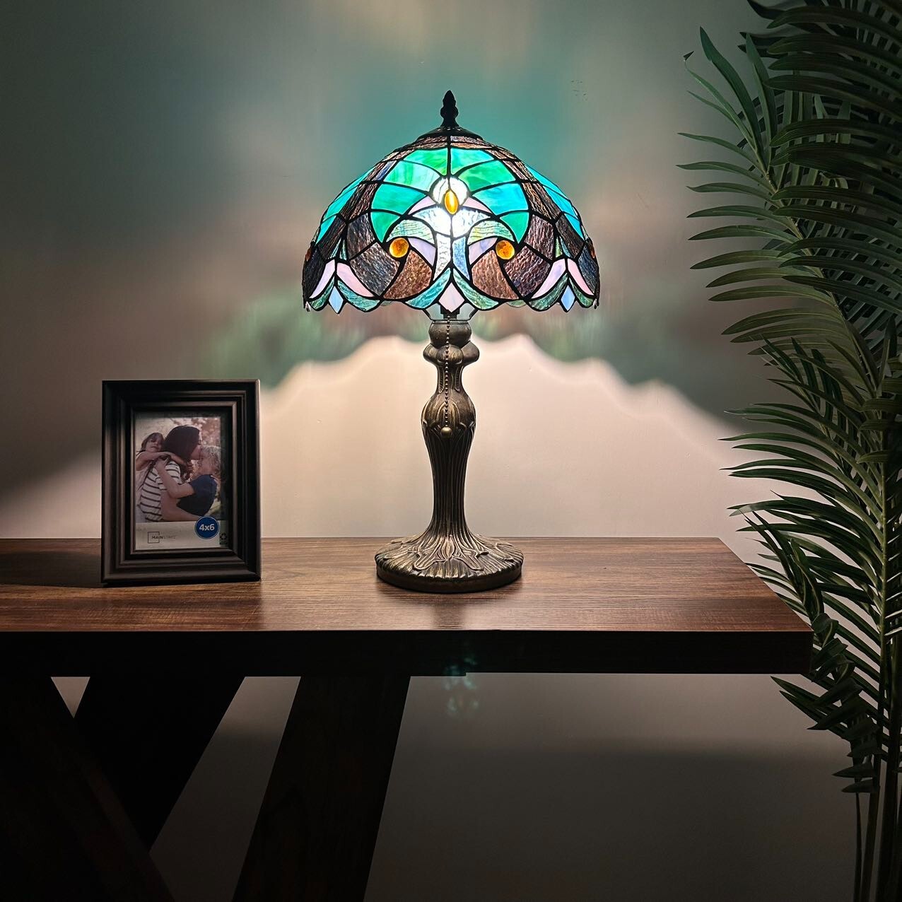 Tiffany Style Table Lamp Green Brown Stained Glass Included LED Bulb 12"W*19”H gallery