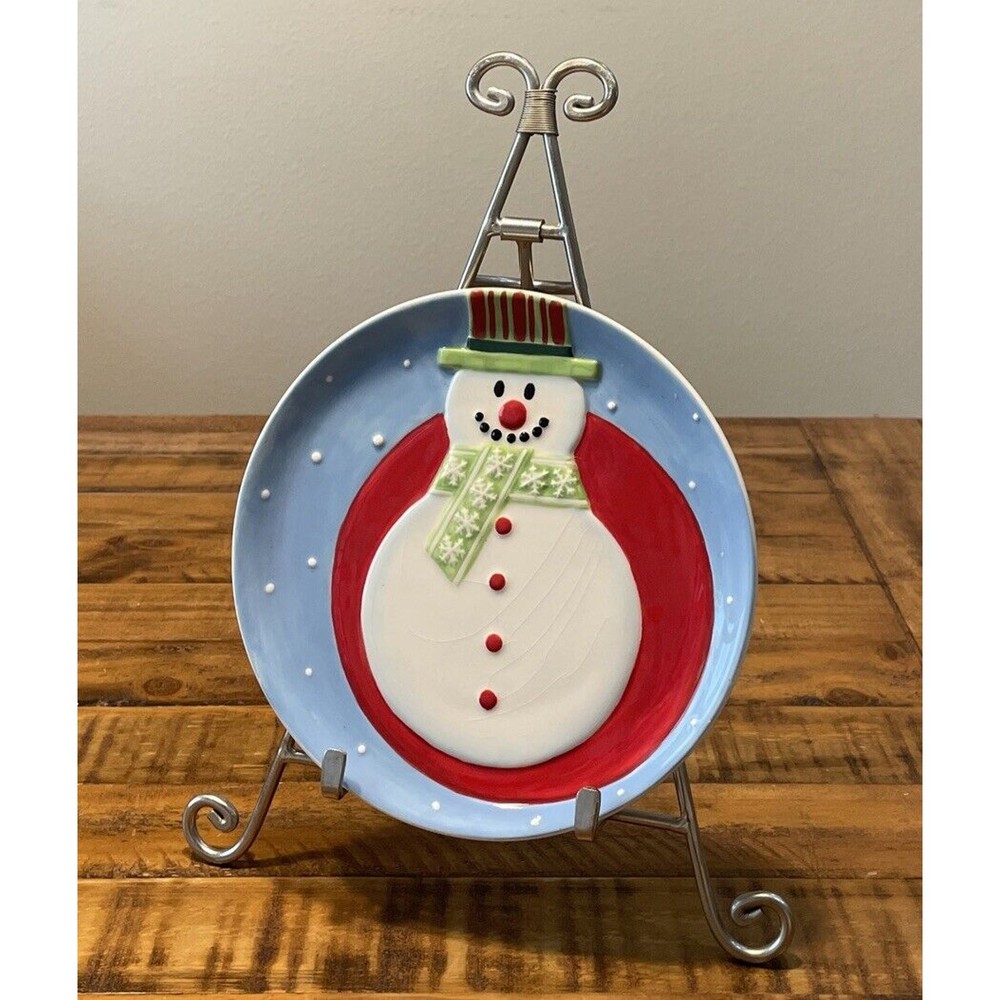 8" Ceramic Plate. Cute Snowman With Hat & Scarf Christmas Dish