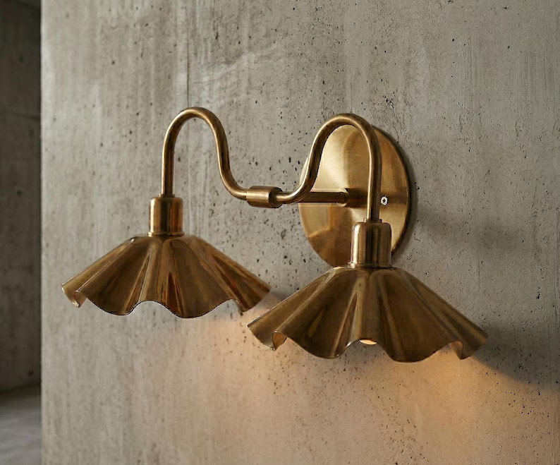 Handcrafted Brass Double Wall Sconce, Vintage Shade Vanity ,hardwire & plug-in gallery