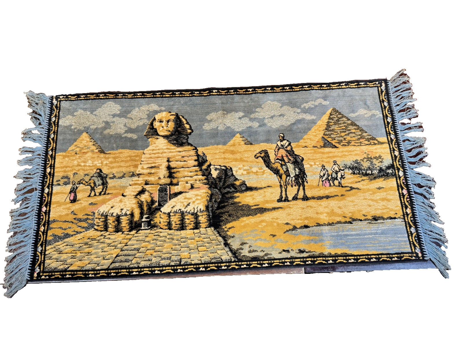 Egyptian Sphinx Pyramids Camel Scene Woven Accent Rug 2x3 Ft Yellow Fringed gallery