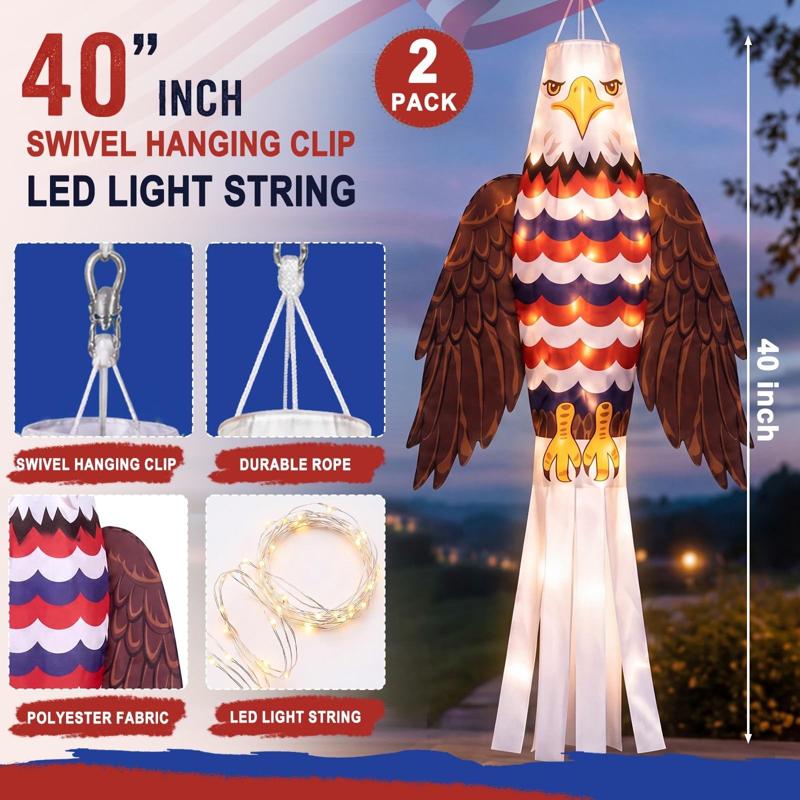 2 Pcs 40 Inch USA American Windsock 4th of July Patriotic Eagle Wind Sock 250... gallery