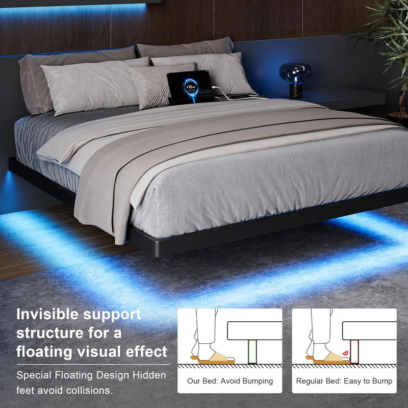 Full Size Floating Bed Frame with Charging Station and Led Lights, Metal Bed Fra gallery