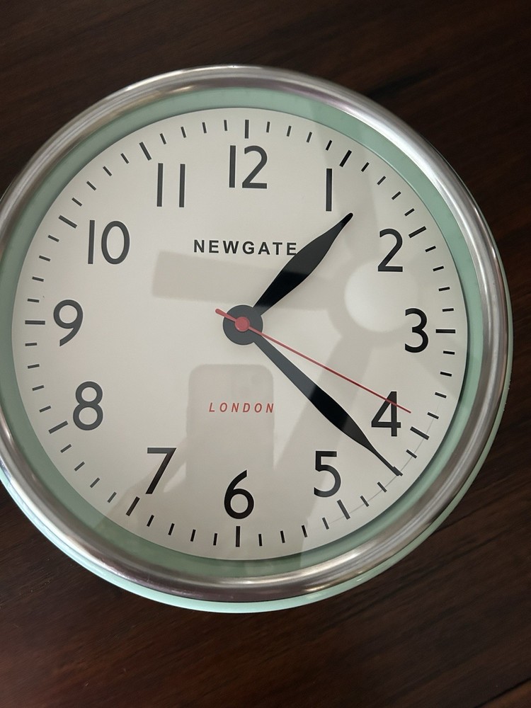 Newgate Round Analog Wall Clock Mint Green Silver Rim Arabic Numerals Quartz