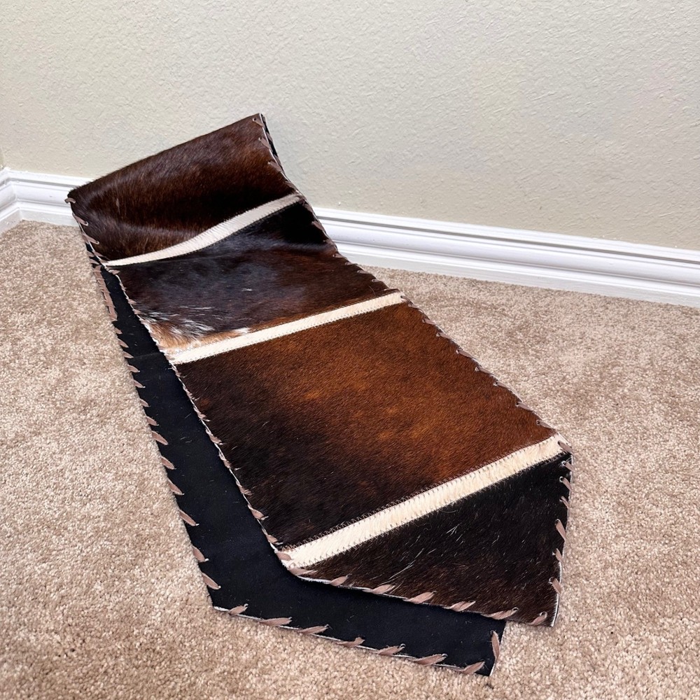 Handmade Genuine Cowhide Patchwork Table Runner Brown Black White 65x11 Rustic
