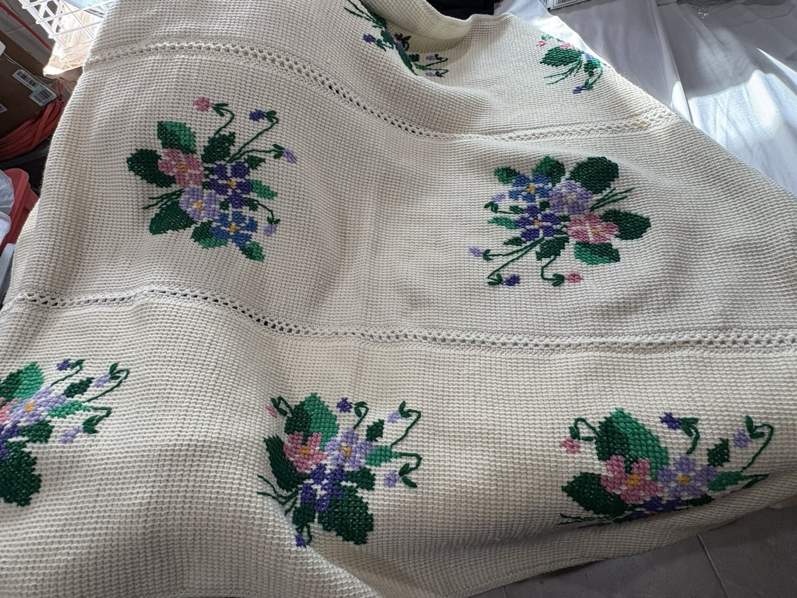 Handmade Floral Afghan Crochet Throw Blanket 57in x 65in gallery