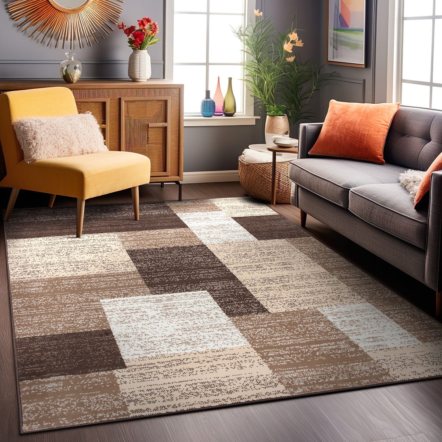 Rugshop Rugs Contemporary Distressed Boxes Carpet Rugs for Bedroom Brown Rug 5x7 gallery