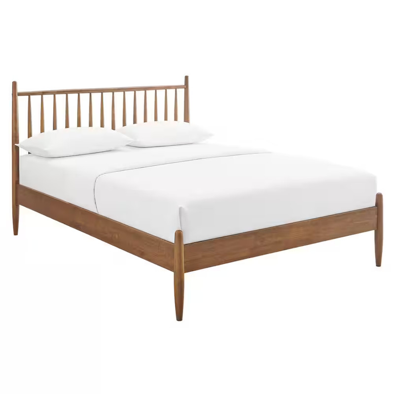 Zane Walnut Brown Solid Rubberwood Frame King Spindle Platform Bed gallery