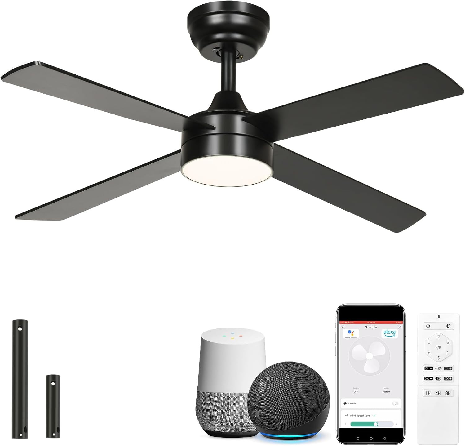 48 Inch Black Ceiling Fan with Lights and Remote,4 Blades, App Control, Modern S gallery
