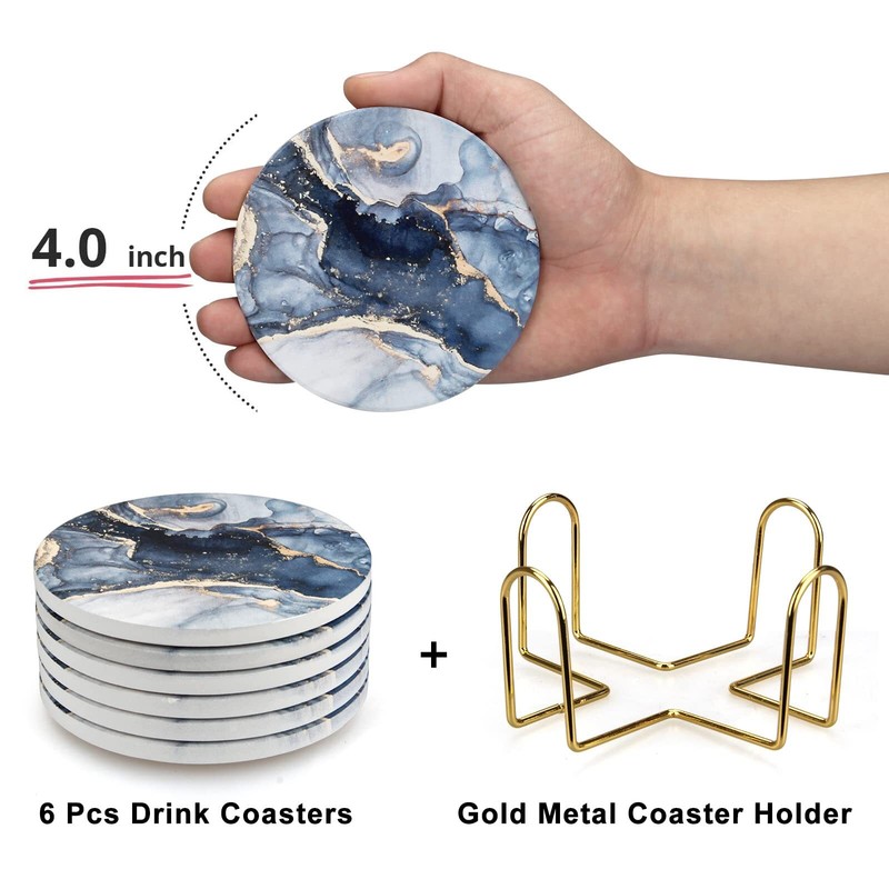6 Pcs Navy Blue Marble Abstract Ceramic Coasters with Holder Best Absorbent Drin gallery