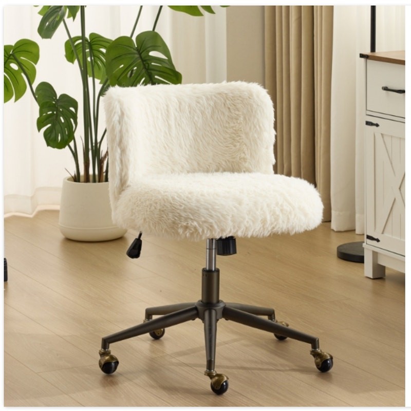 VINGLI Long Pile Makeup Vanity Chair with Back, Swivel Wheels - White gallery