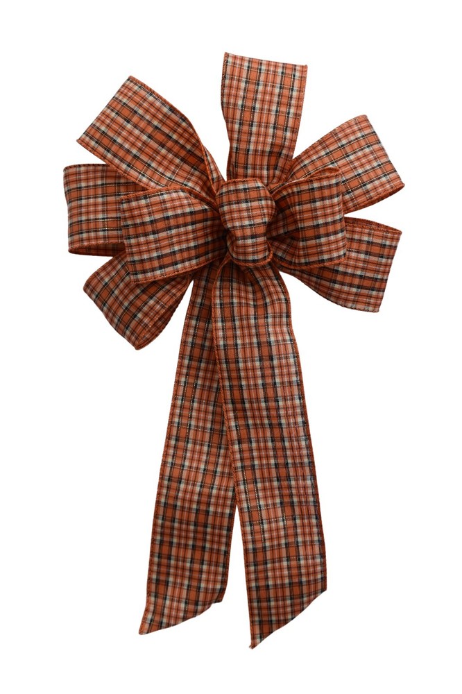 Large 10" Hand Made Bow - Wired Linen - Orange Rust Fall Plaid - Fabric Ribbon