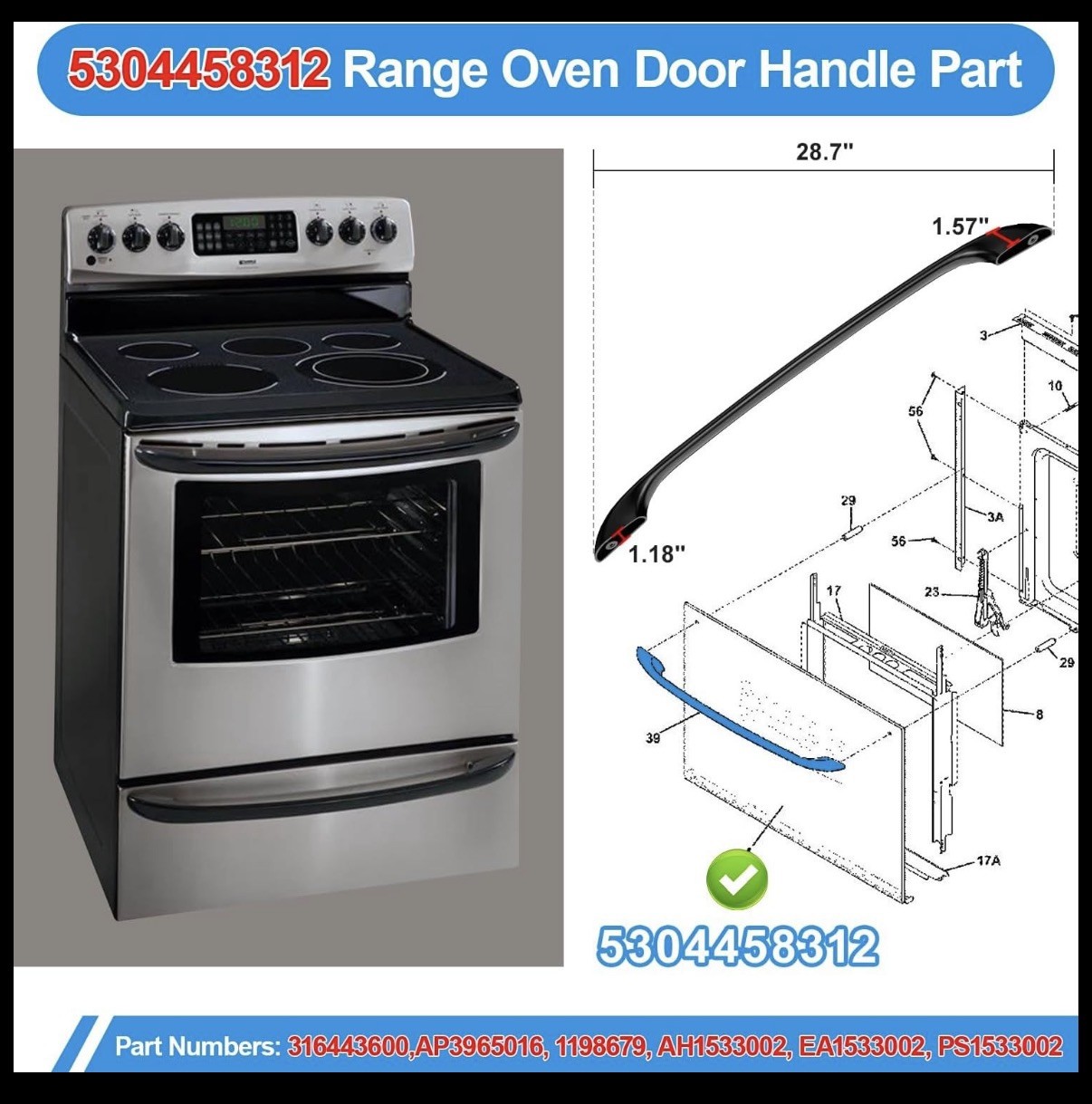 Oven Handle Replacement 5304458312 Kenmore/Electrolux/Frigidaire Electric Range gallery