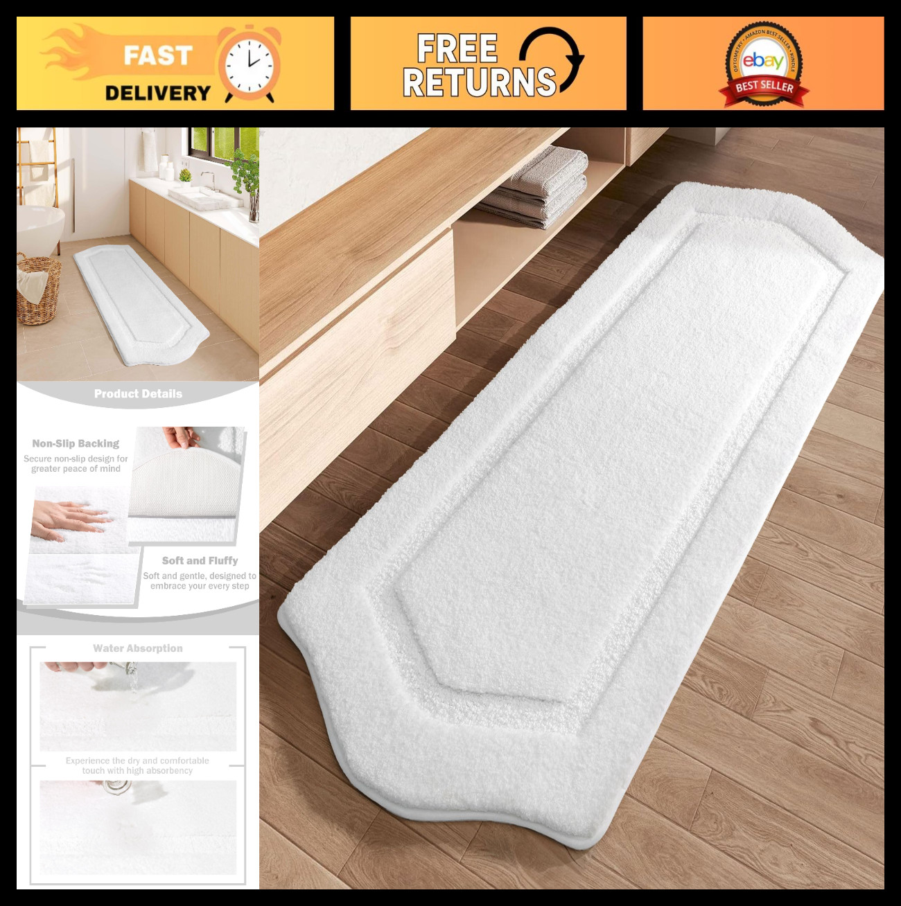 Extra Soft Non-Slip Bathroom Runner Rug 24x60, Large Absorbent Shaggy Mat, White gallery