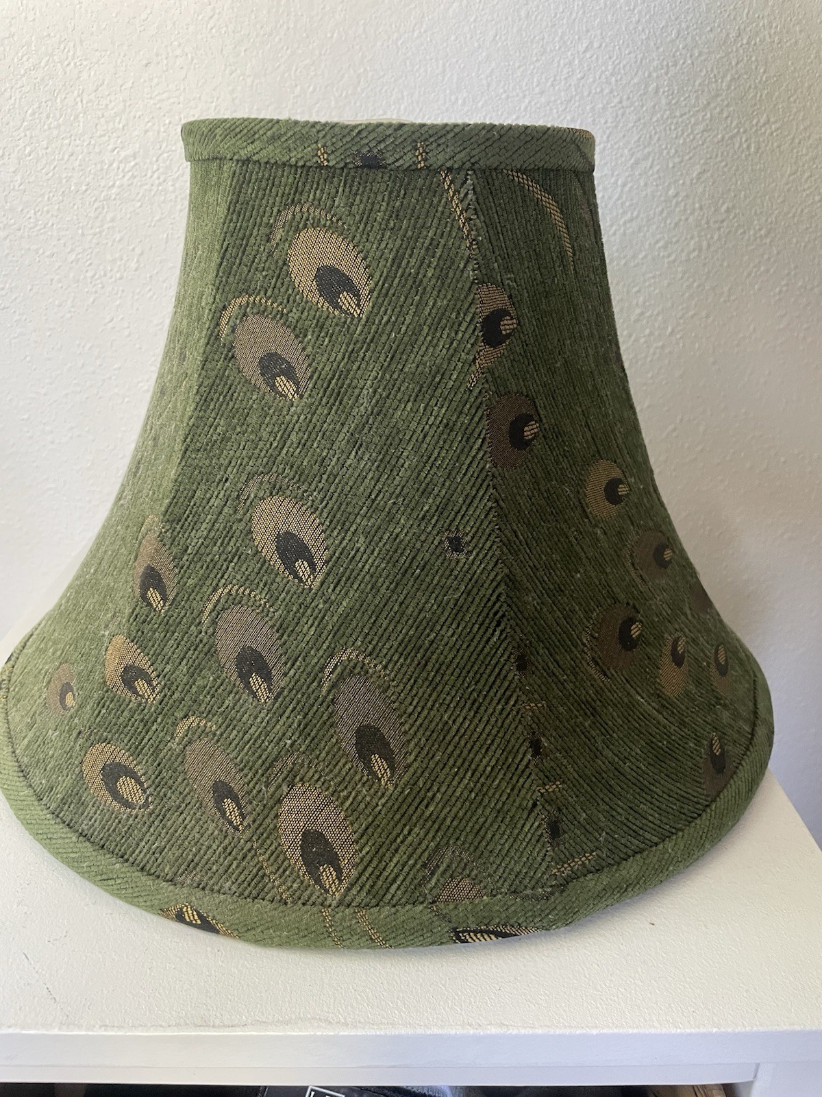 RARE Bell Shape LAMPSHADE Corduroy Fabric Peacock Pattern 14”x 6” Top CLEAN gallery