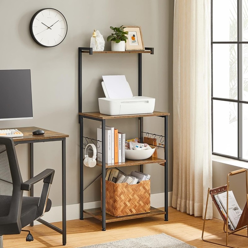 Rustic Brown & Black 3-Tier Bakers Rack with 6 S-Hooks - Stylish Kitchen Storage gallery