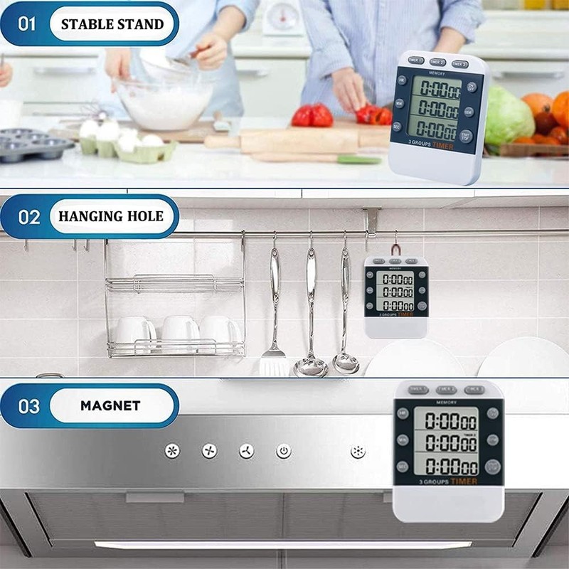 Digital Dual Kitchen Timer for Cooking, 3 Channels Count Down/up Triple Multi gallery