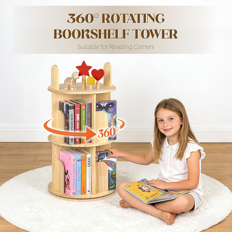 Rotating Bookshelf, Solid Pine Wood Spinning Bookshelf Tower 5 Tier, 360° Revolv gallery