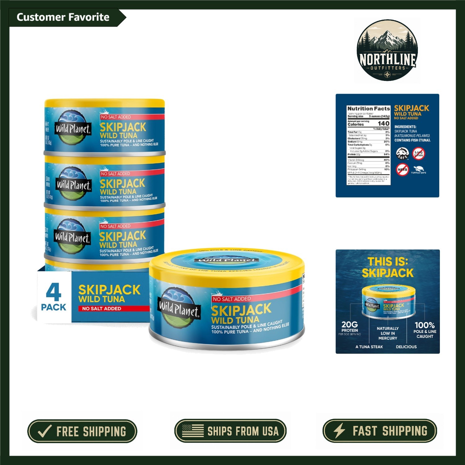Delicious No Salt Added Skipjack Tuna - 100% Sustainably Caught, Pack of 4 gallery