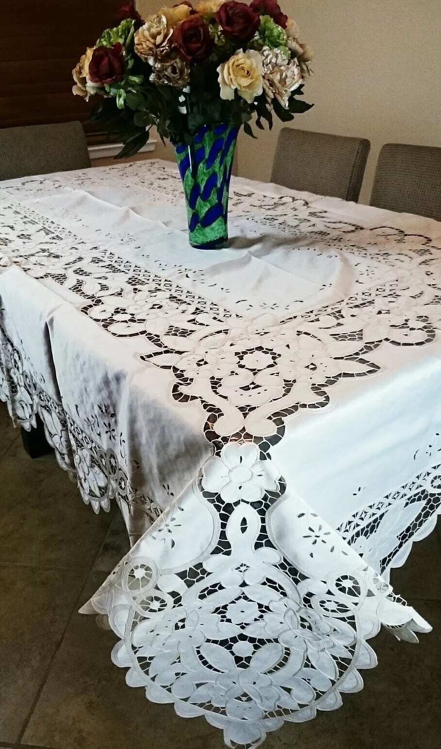 Embroidery Cutwork 54x72" Tablecloth Cotton Polyester w/ 6 Napkins - Beige color gallery