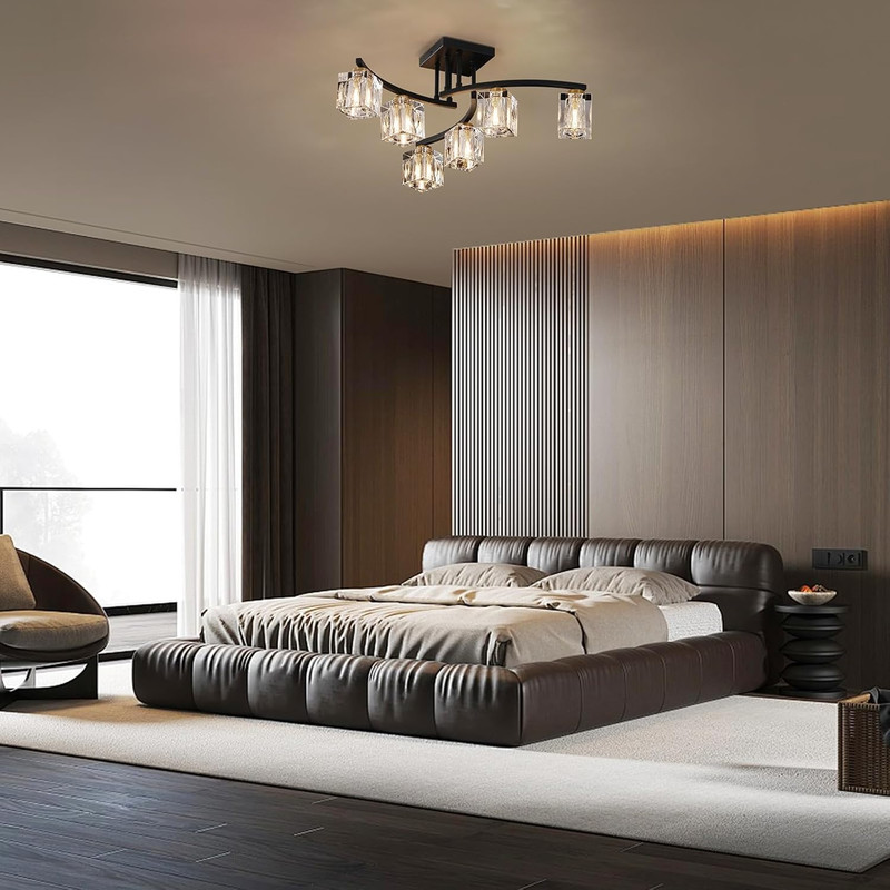 Modern 6-Light Sputnik Ceiling Fixture - Black & Gold Crystal Chandelier gallery