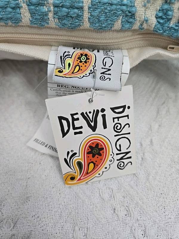 Devi Designs Teal/White Abstract Cotton Pillow Zipper Fringe Missing On One Side gallery