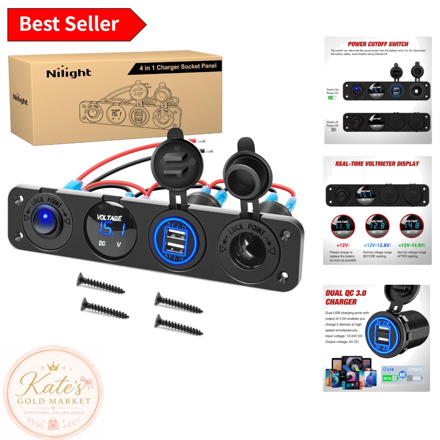 Versatile 4 in 1 Panel: USB, 12V Socket & LED Voltmeter - Safety & Convenience gallery