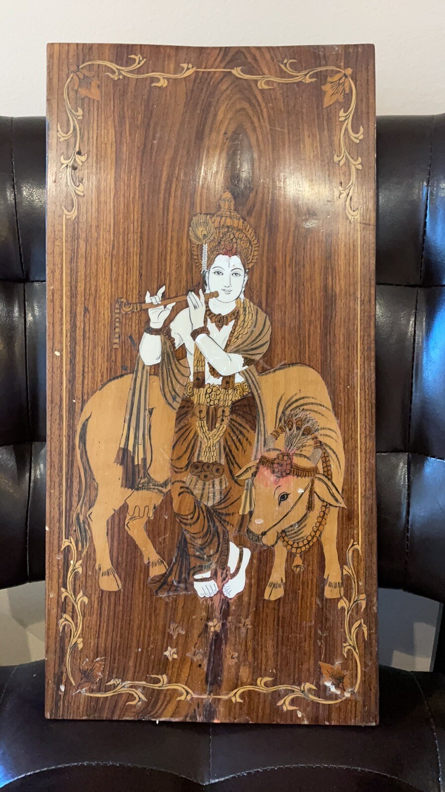 Intricate Design Wood Vintage Lord Krishna Holding Flute Wall art gallery