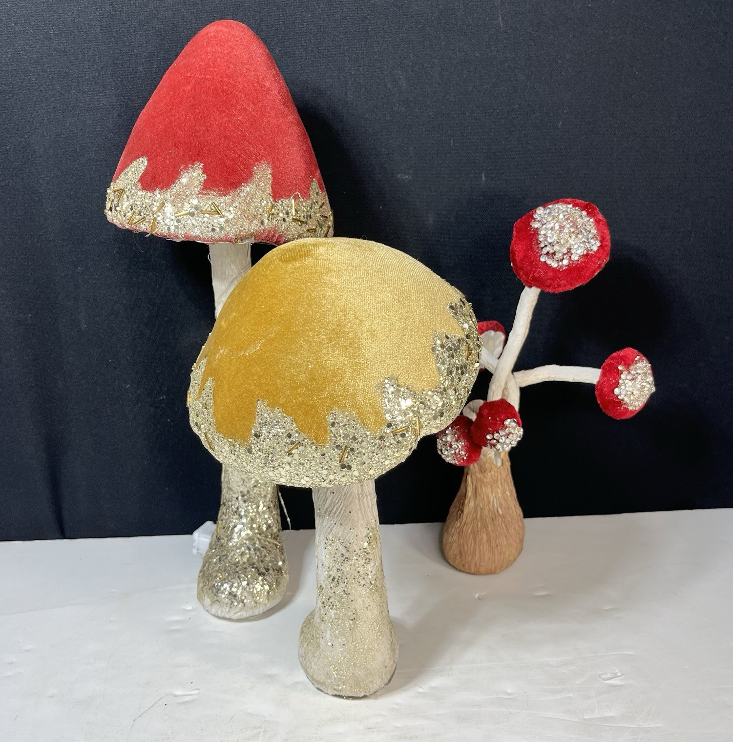3 Velvet Mushroom Toadstool Burgandy Pink Gold Glitter Lighted 11 to 15 in Tall gallery