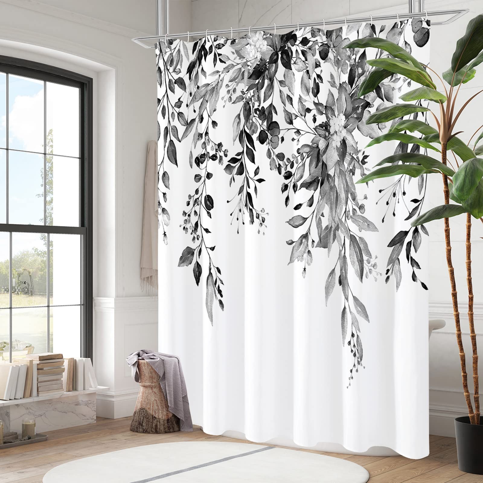 Eucalyptus Shower Curtain Set 72x72 Inch Black White Grey Watercolor Floral gallery
