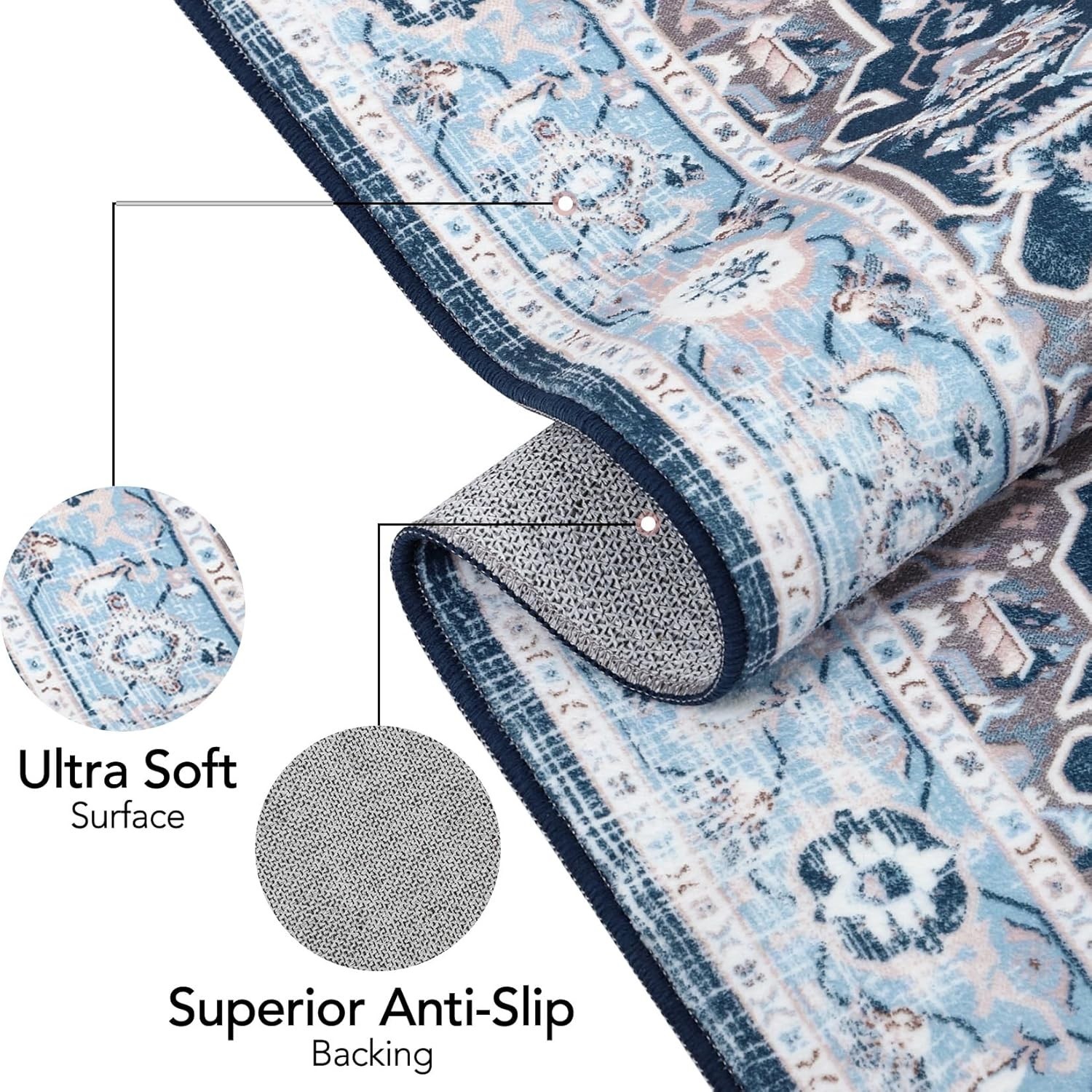 IMINROME Area Rug 2x3 Washable Small Blue Vintage Foldable Floral Low Pile gallery