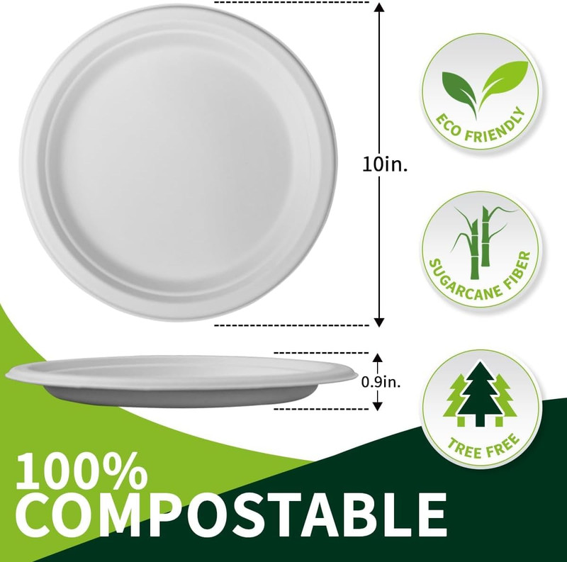 10 Inch Compostable Paper Plates【White 150 Pack】, 100% Sugarcane Bagasse Large D gallery