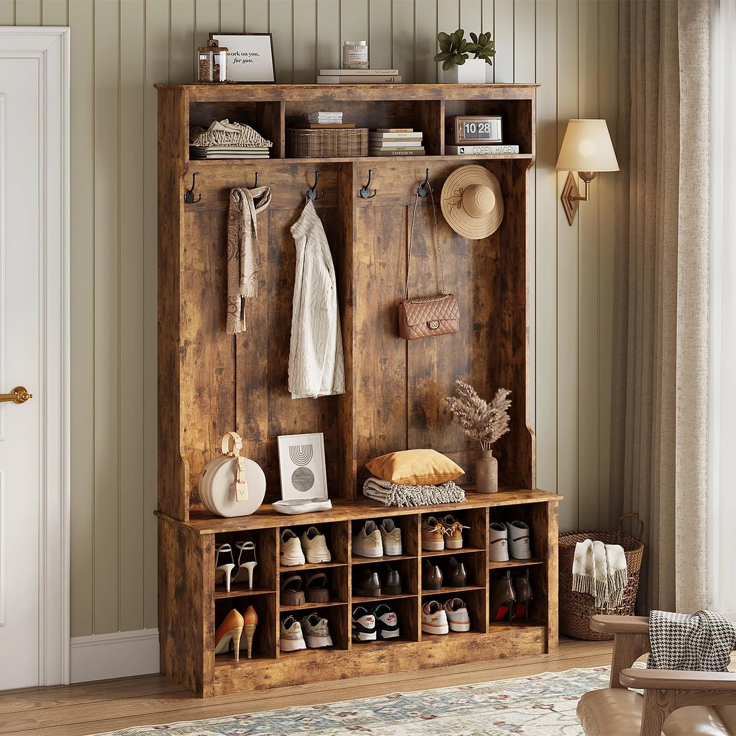 Wodeer Hall Tree with Bench and Shoe Storage, 53" Farmhouse 4-in-1 Mudroom Stora gallery