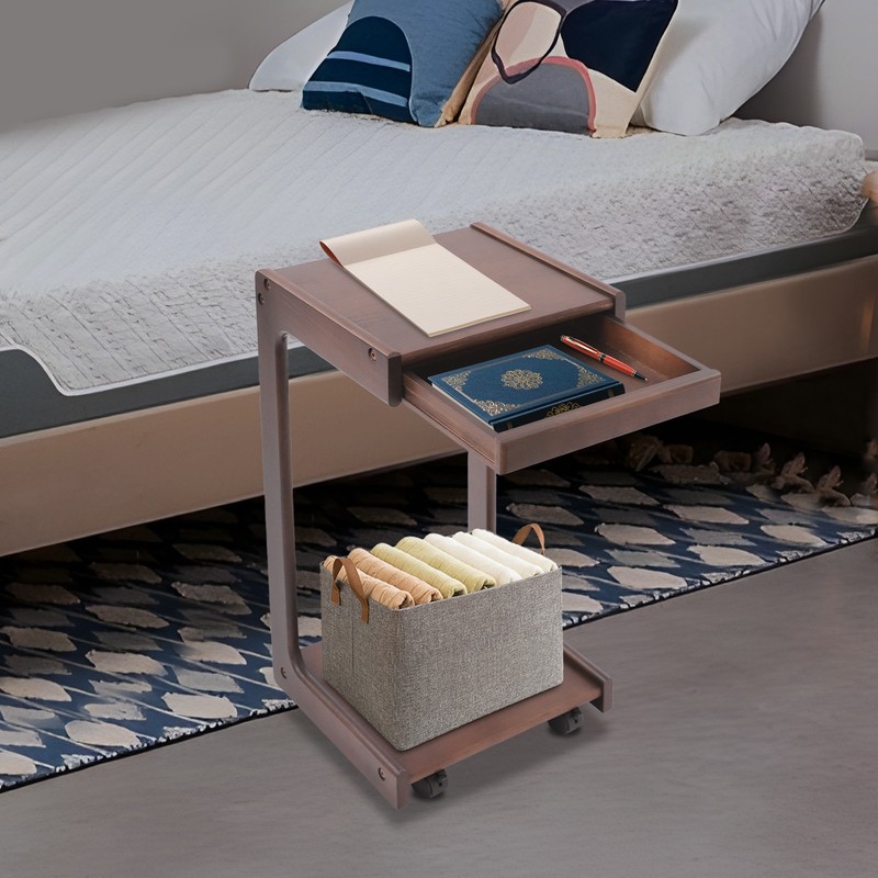 2-Tierd Solid Wood Bedside C-Shaped Side Table w/ Drawer & Lockable Wheels gallery