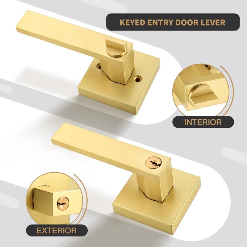 Brushed Gold Door Handles with Locks - 10 Pack, Keyed Alike for Home gallery